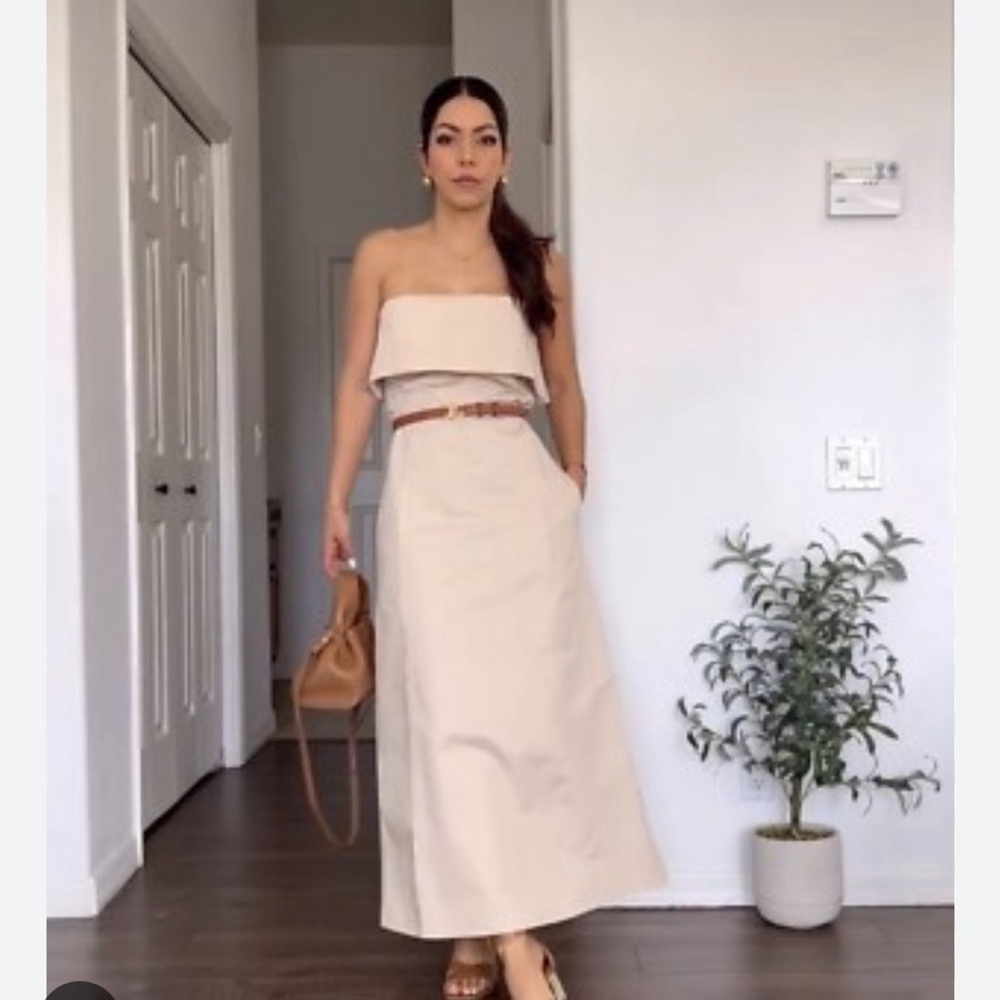 Zara Cream Strapless Sheath Dress COTTON MIDI OFF SHOULDER Gabardine medium - Picture 4 of 10